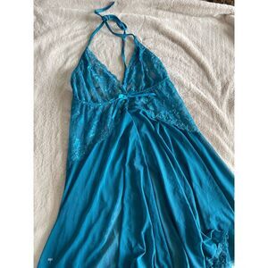 Avidlove Size L EUC Lingerie Dress Babydoll Aqua Open Back Lace Mesh Y2K Slip